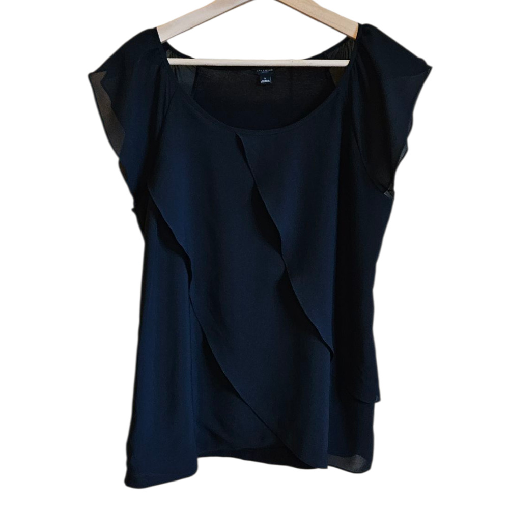 Ann Taylor Blouse Tiered Ruffle TShirt Black Women's Large